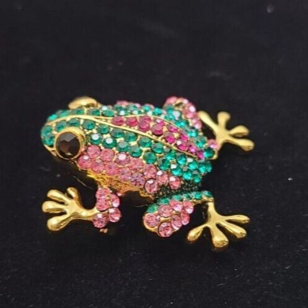 Green & Pink Rhinestone Toad Brooch 1.5" Wide X 1.5" Long